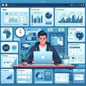 A young professional working at a desk with a laptop, surrounded by multiple screens displaying statistical charts, business intelligence graphs, and real-time analytics, representing data science, AI-driven decision-making, and financial forecasting