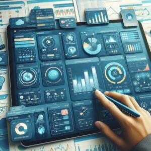 A close-up of a hand using a stylus to interact with a tablet displaying a complex dashboard full of analytics, charts, and business intelligence data. The futuristic UI represents financial analysis, AI-powered insights, and big data visualization