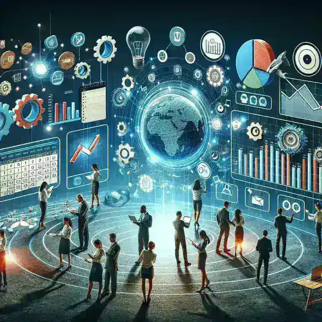 "Team collaborating on project planning software, showcasing essential tools for modern business success with digital interfaces and task management features."