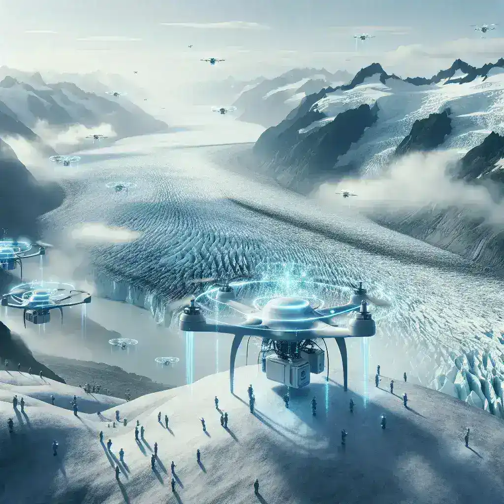"AI-powered drone equipped with advanced sensors flying over a melting glacier, aiding climate scientists in monitoring environmental changes and assessing the impact of climate change."